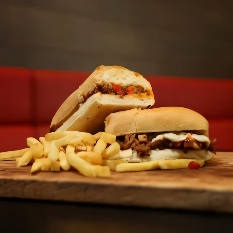 Two Mediterranean sandwiches, one cut in half, with a side of french fries on a wooden board.