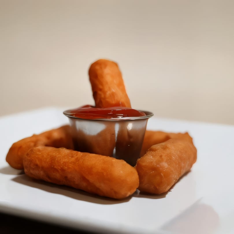 Golden-brown fried dough sticks, one dipped in a metal cup of red sauce, on a white plate.