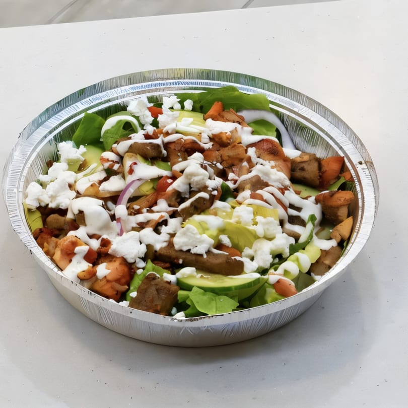 Tasty Bitez Mediterranean salad with chicken, feta, and dressing in a foil container.