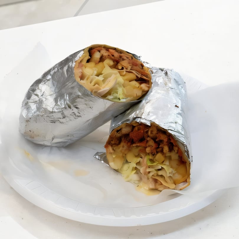 Two Mediterranean wraps, filled with meat and vegetables, partially unwrapped from foil on a white plate.
